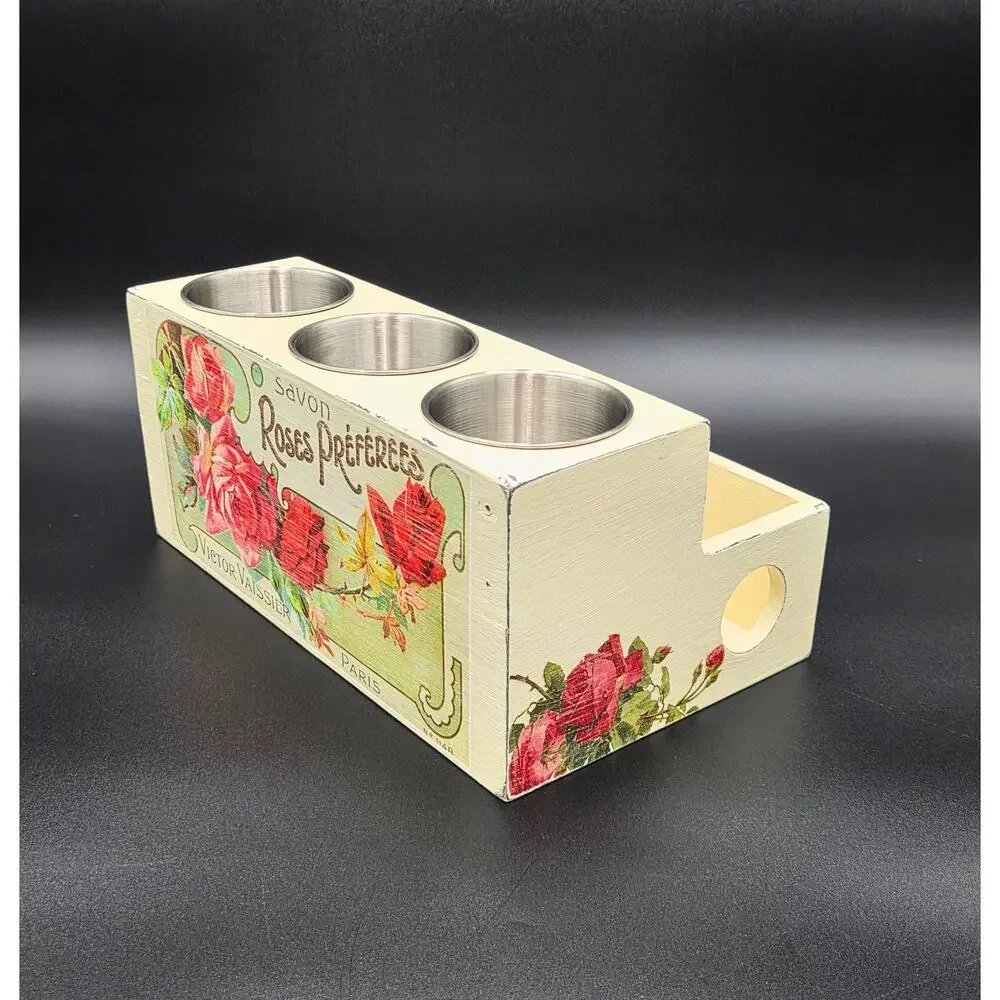 Cream Floral Wooden Desk Organizer – 3 Metal Cups & Front Storage Slot